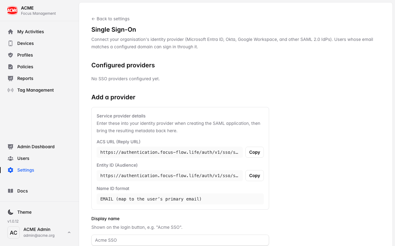 SSO provider management page